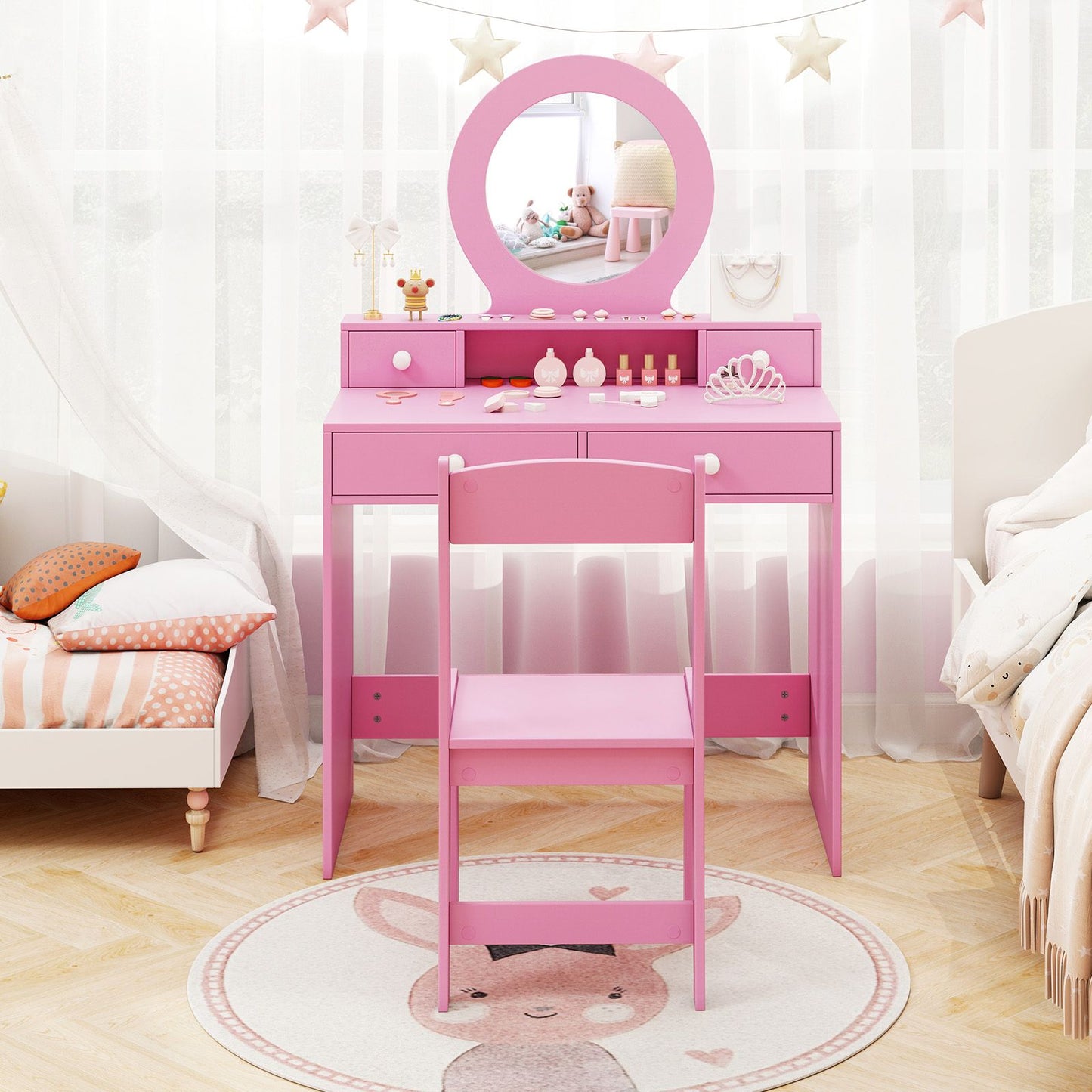 Children's Vanity Set Featuring Open Shelf and Four Storage Drawers