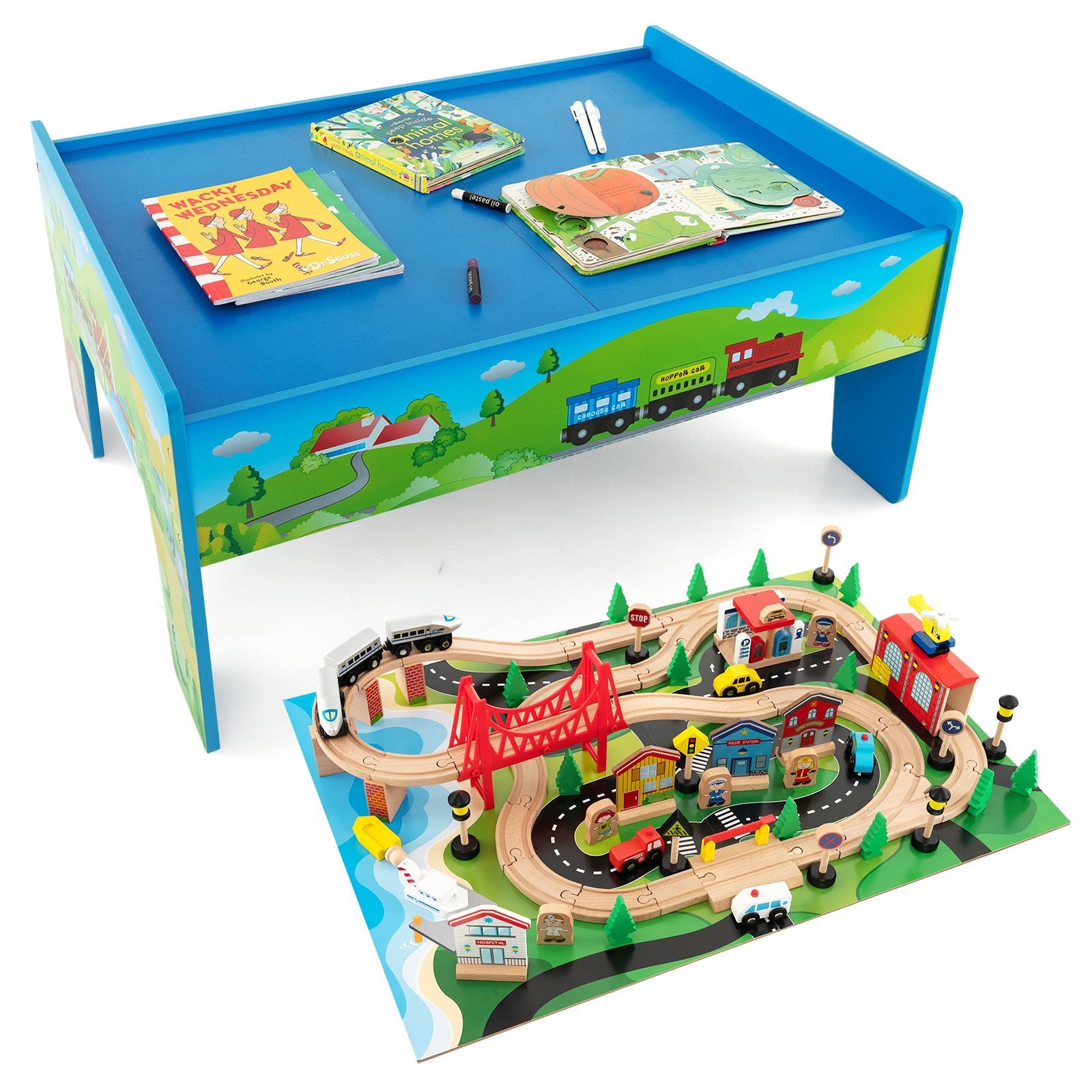 80-Piece Wooden Activity Playset Featuring Reversible Tabletop