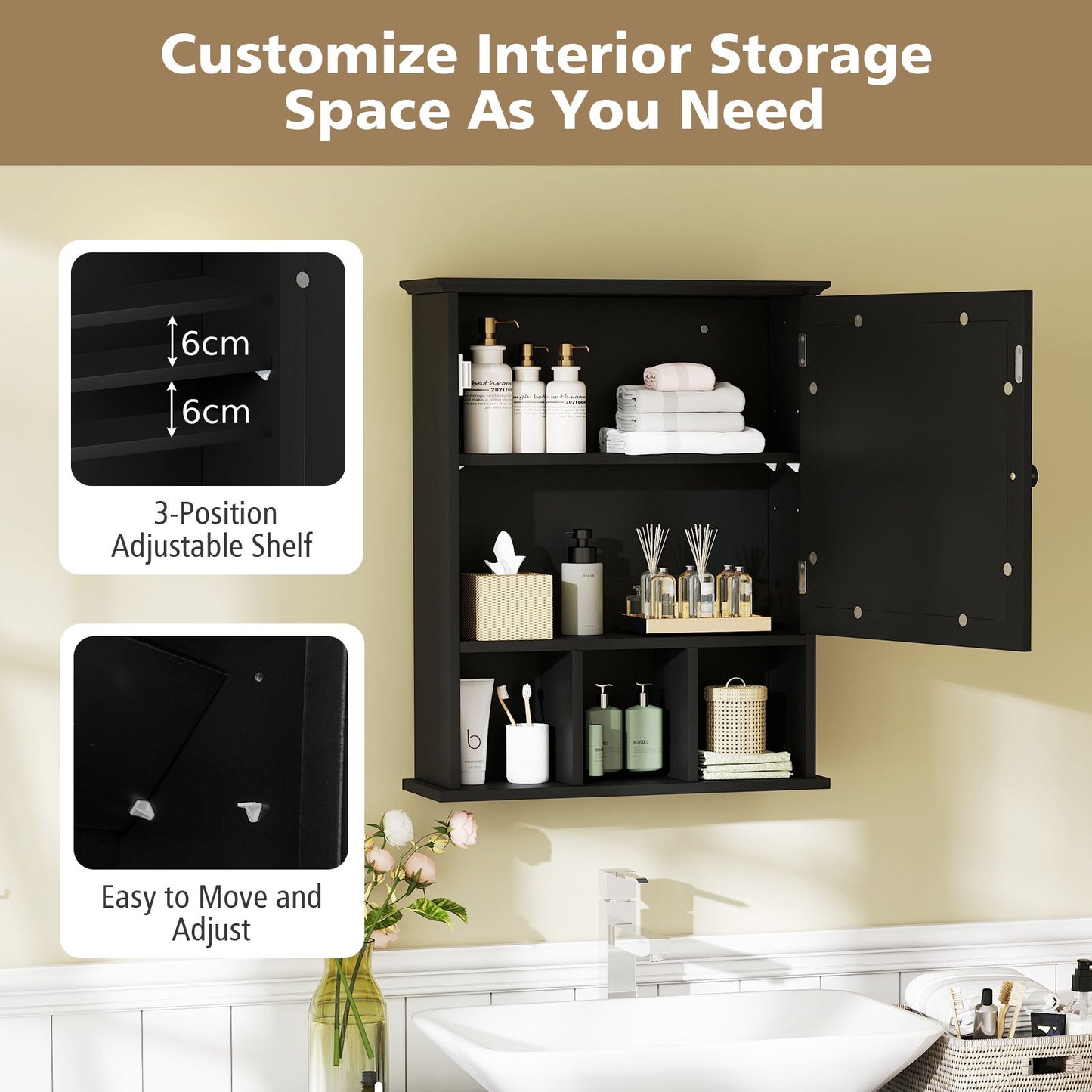 Mirror Door Bathroom Cabinet with Adjustable Shelf and 3 Compartments