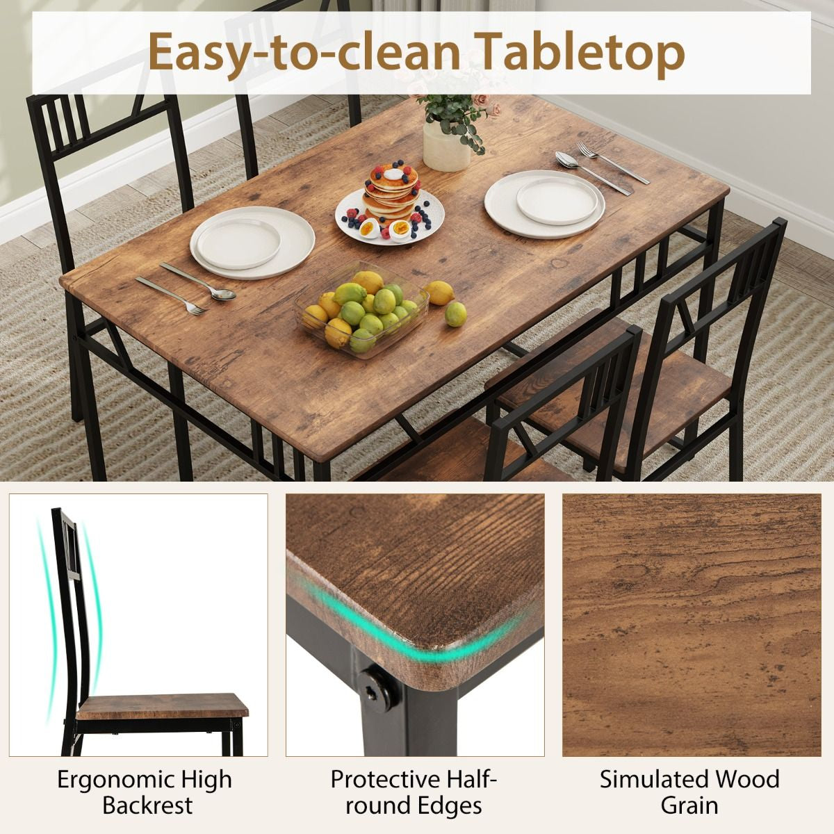 Industrial-Style Kitchen Table and 4 Chairs with Wood like Tabletop and Metal Frame