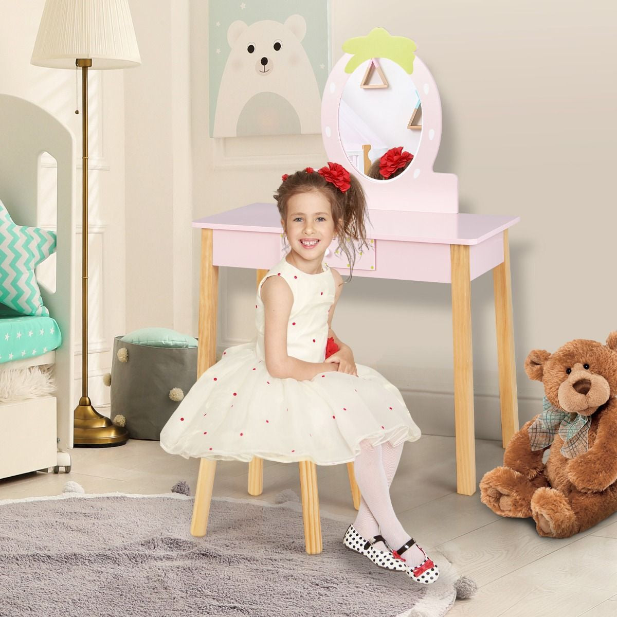 Enchanting Toddler Girls' Dressing Table with Mirror & Stylish Storage Drawer