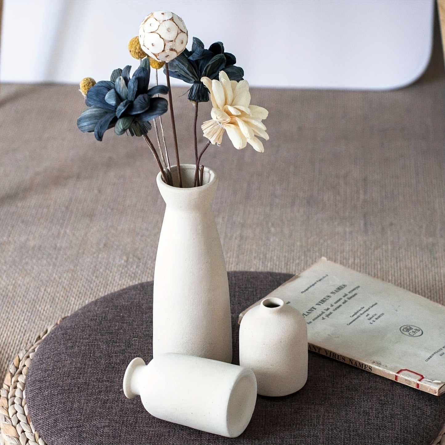 3pcs Bohemian Ceramic Vase Set - Matte Finish, Geometric & Floral Designs