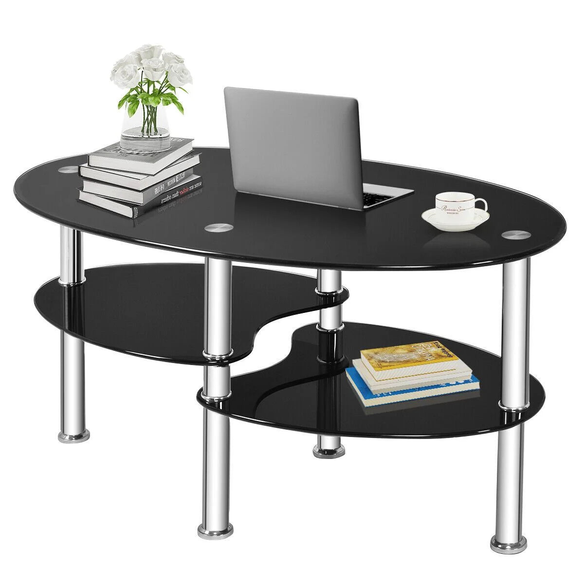 Three-Tier Tempered Glass Coffee Table with Two Shelves