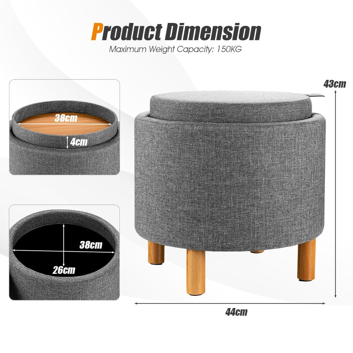 Contemporary Round Padded Ottoman with Concealed Storage Compartment