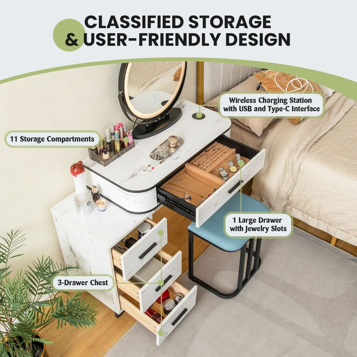 Vanity Table and Stool Set with Adjustable 3-Color Touch Screen Lighted Swivel Mirror