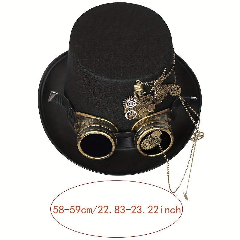 Heavy Metal Chain Teeth Skull Steampunk Hat with Detachable Goggles - Adjustable Unisex Gothic Victorian Accessory for Halloween, Cosplay & Role Play (22.83-23.23inch, Lightweight)