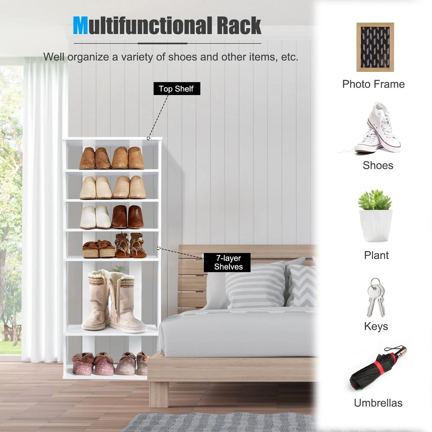 Extra Wide Vertical Wooden Shoe Rack with 7 Shelves