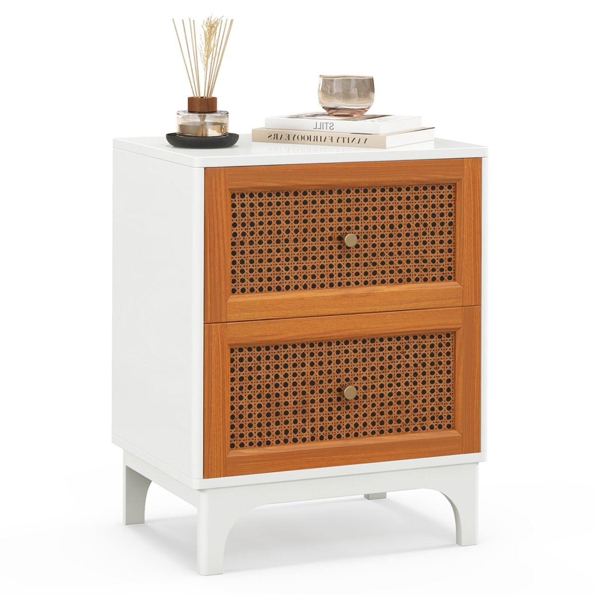 Bohemian Accent Table Featuring Two Handwoven Rattan-Decorated Drawers