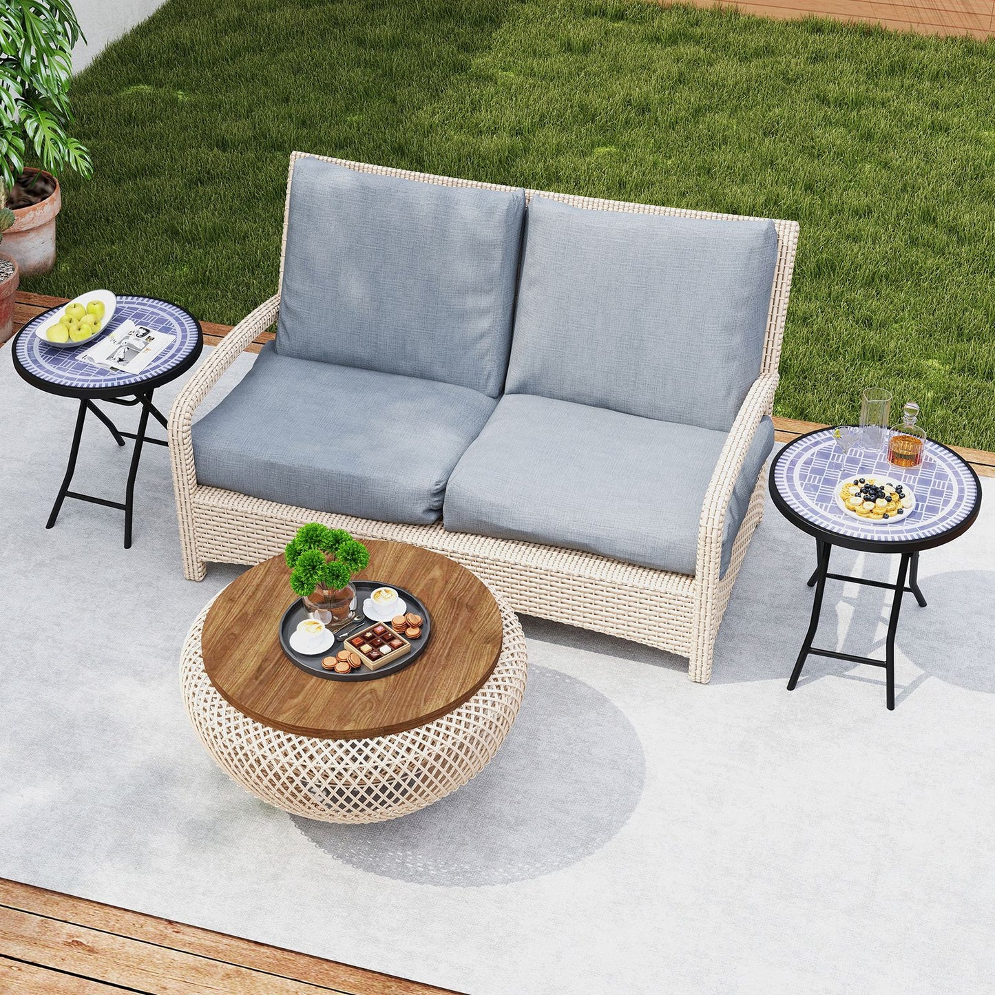 Round Folding Patio Coffee Table with Tempered Glass Top