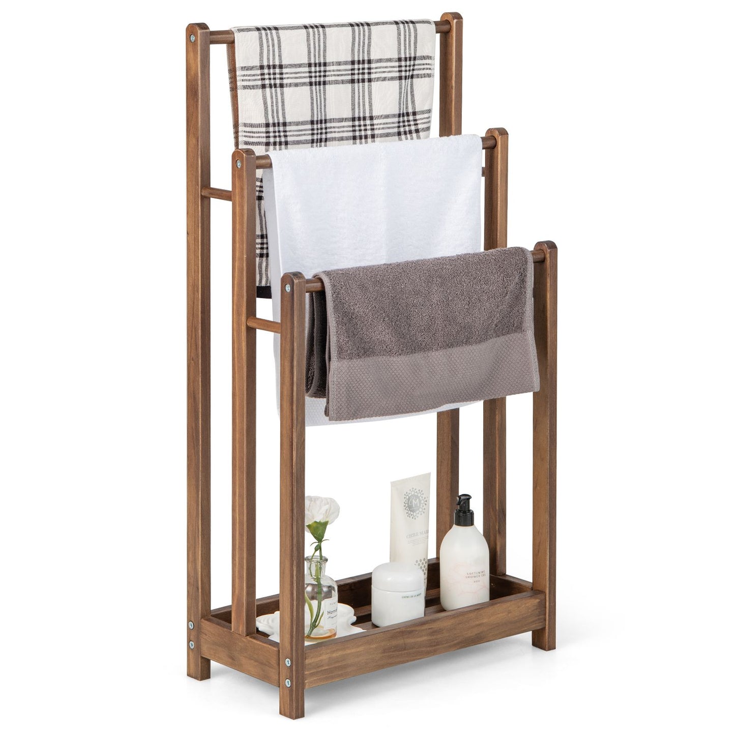 Freestanding Wood Towel Rack with 3 Individual Bars and Bottom Storage Shelf