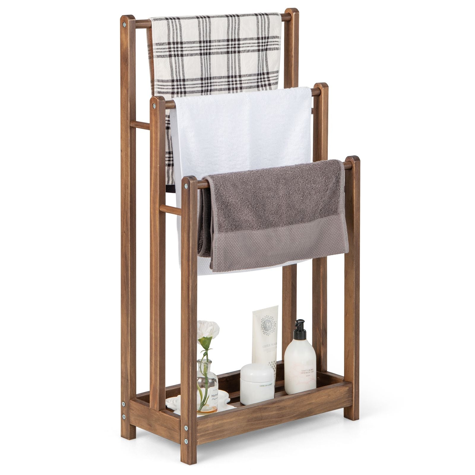 Freestanding Wood Towel Rack with 3 Individual Bars and Bottom Storage Shelf