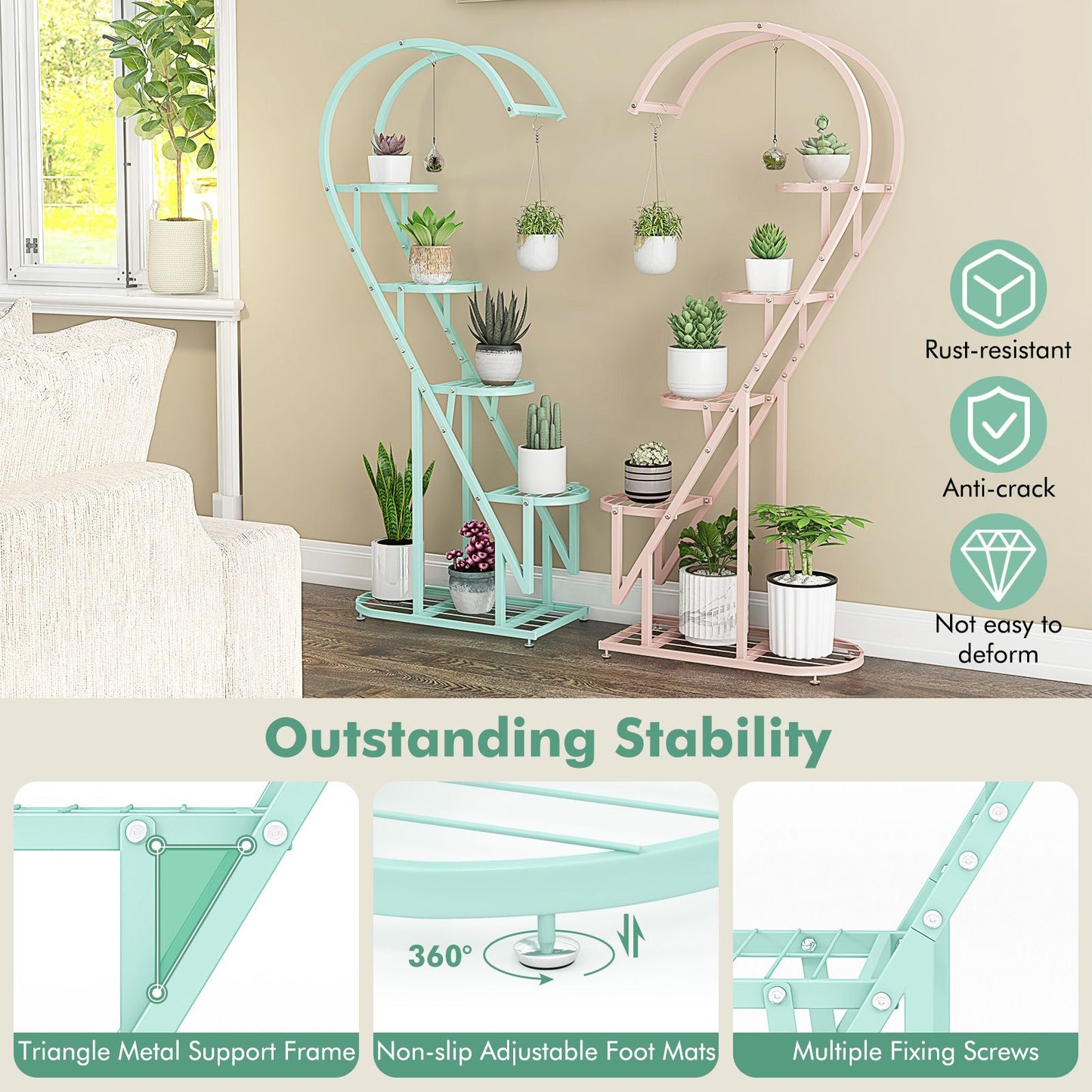 5-Tier Metal Heart-Shaped Plant Stand with Integrated Hanging Hooks