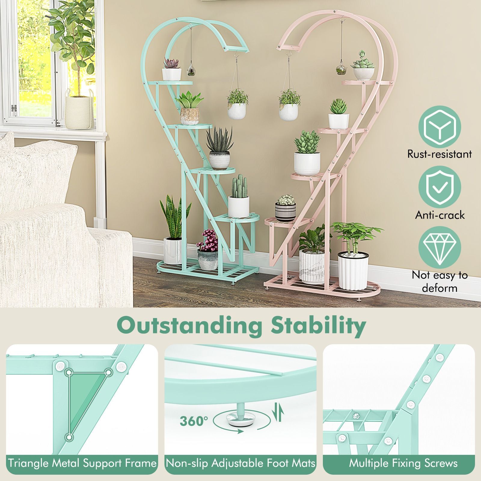 5-Tier Metal Heart-Shaped Plant Stand with Integrated Hanging Hooks