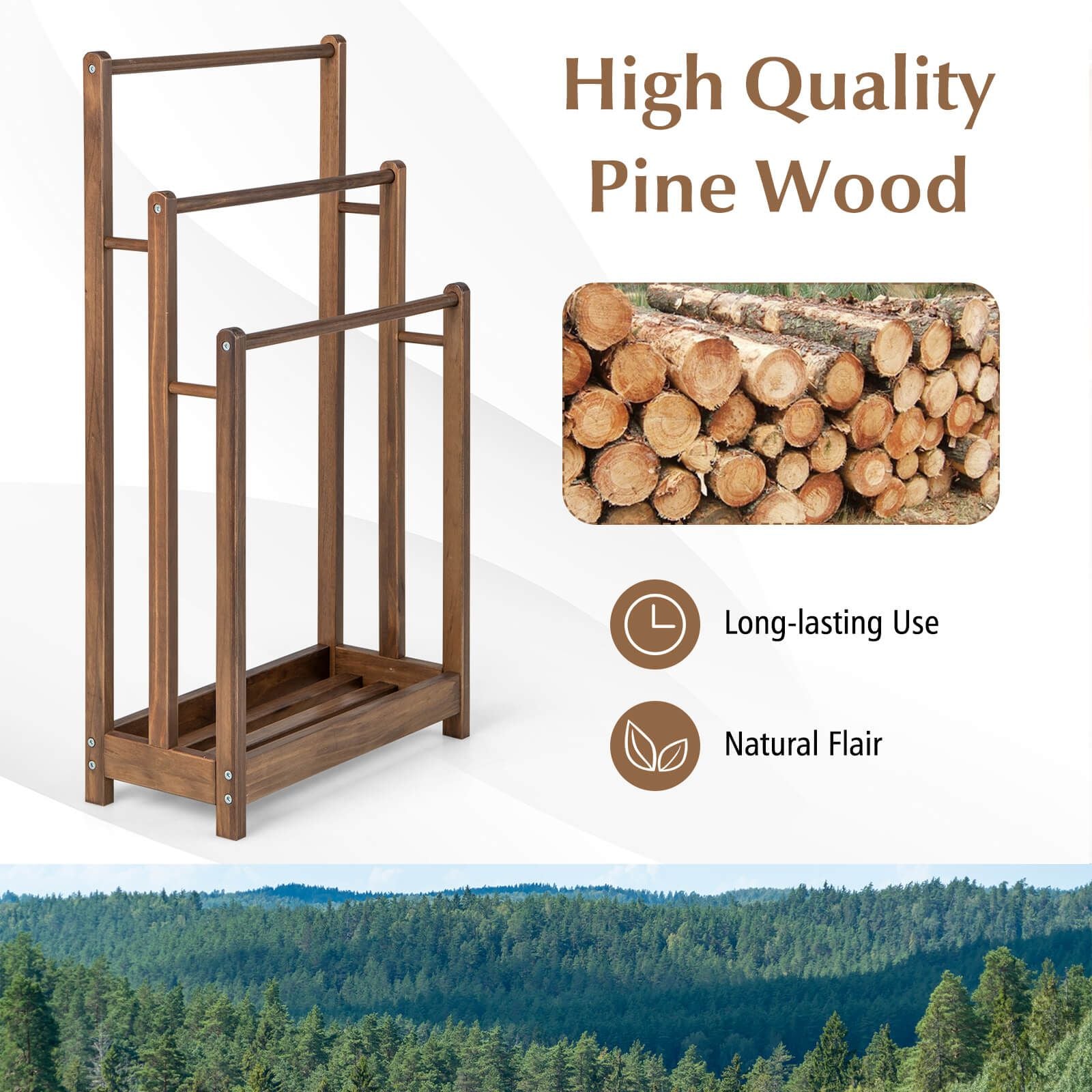 Freestanding Wood Towel Rack with 3 Individual Bars and Bottom Storage Shelf