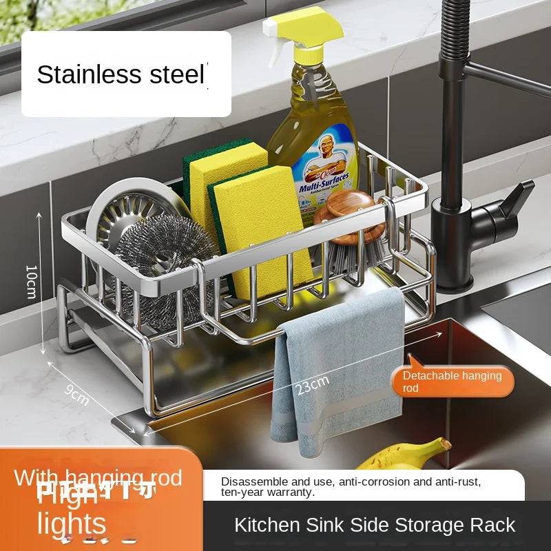 Versatile Stainless Steel Kitchen Shelf & Sponge Drain Rack - Perfect for Dishwashing Supplies and Dishcloth Storage