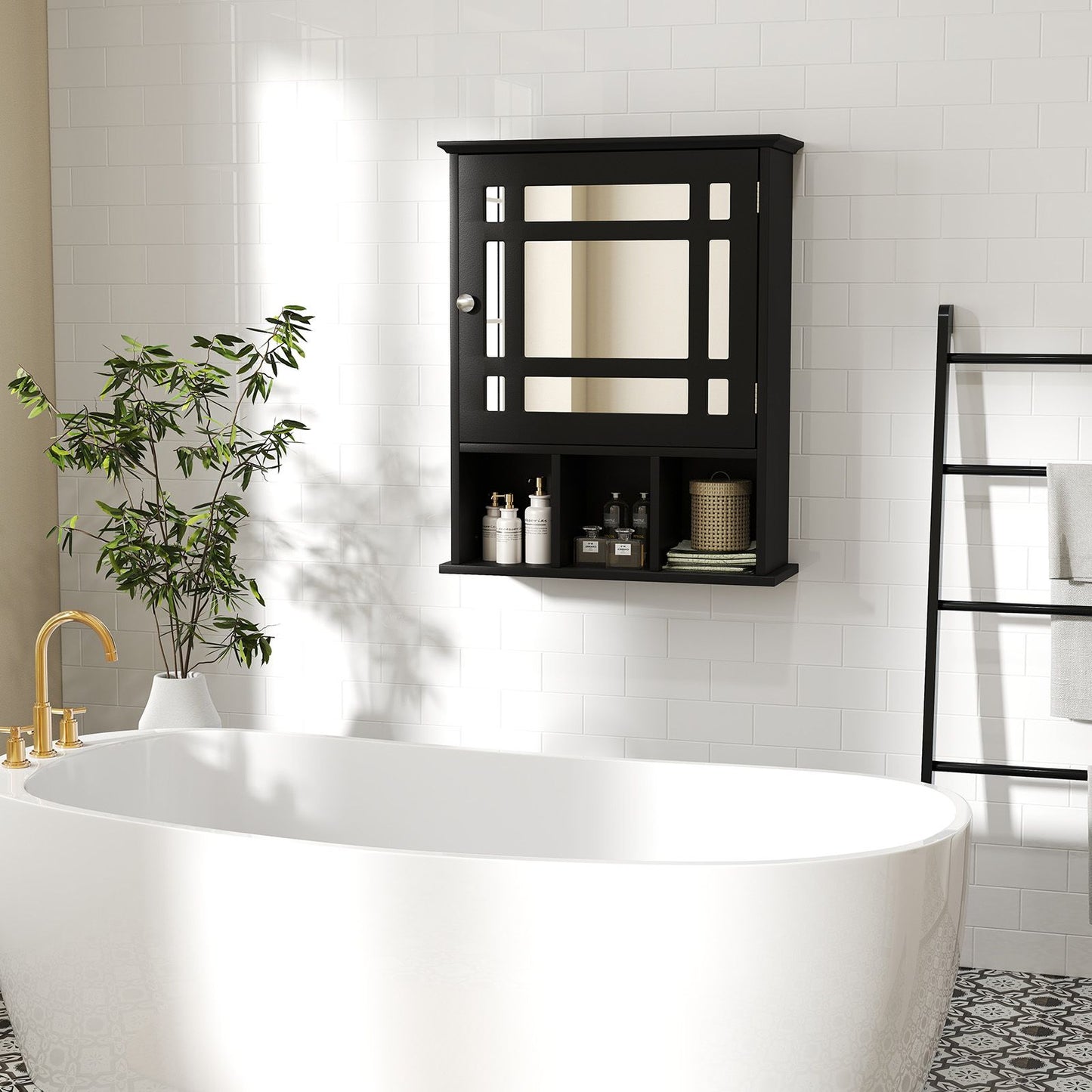 Mirror Door Bathroom Cabinet with Adjustable Shelf and 3 Compartments