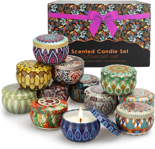 Indulge Her Senses: 12-Pack Long-Burning Soy Wax Candle Gift Set with Essential Oils for Birthdays and Special Occasions