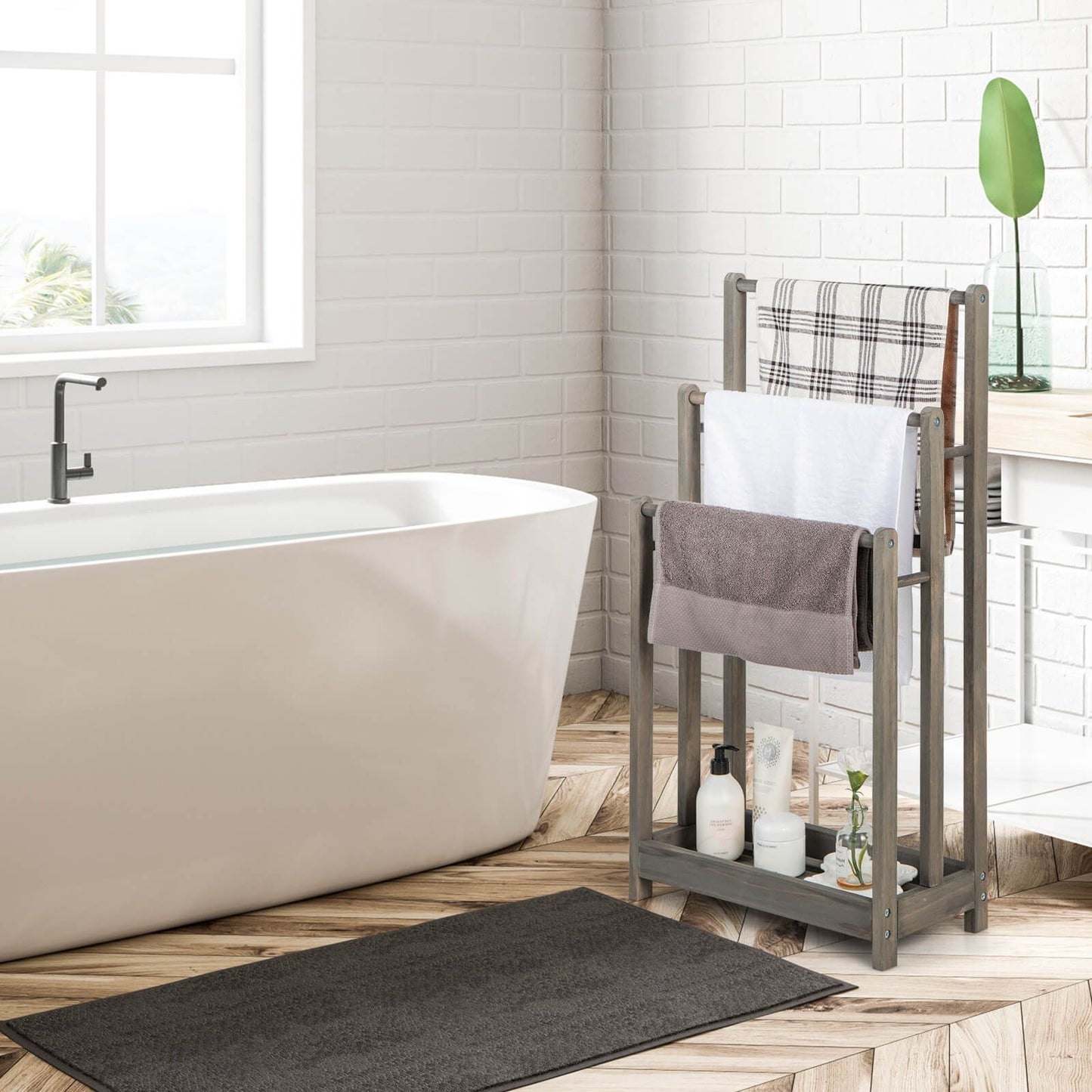 Freestanding Wood Towel Rack with 3 Individual Bars and Bottom Storage Shelf