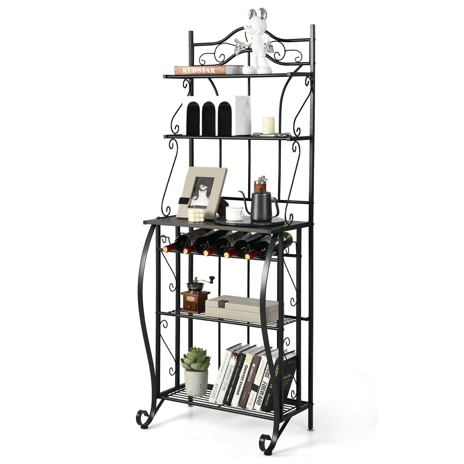 5-Tier Freestanding Baker's Rack with Integrated Wine Rack and Adjustable Feet