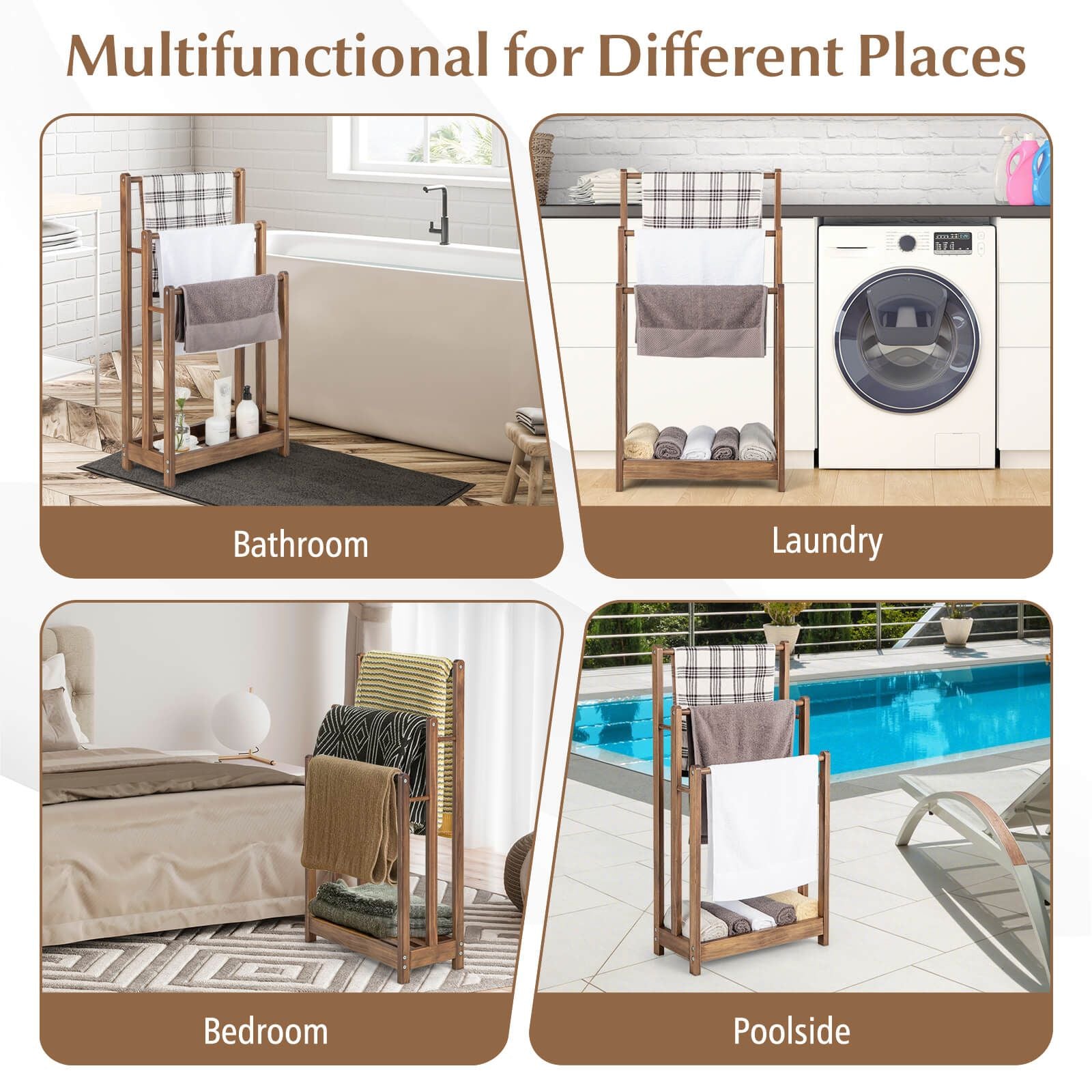 Freestanding Wood Towel Rack with 3 Individual Bars and Bottom Storage Shelf