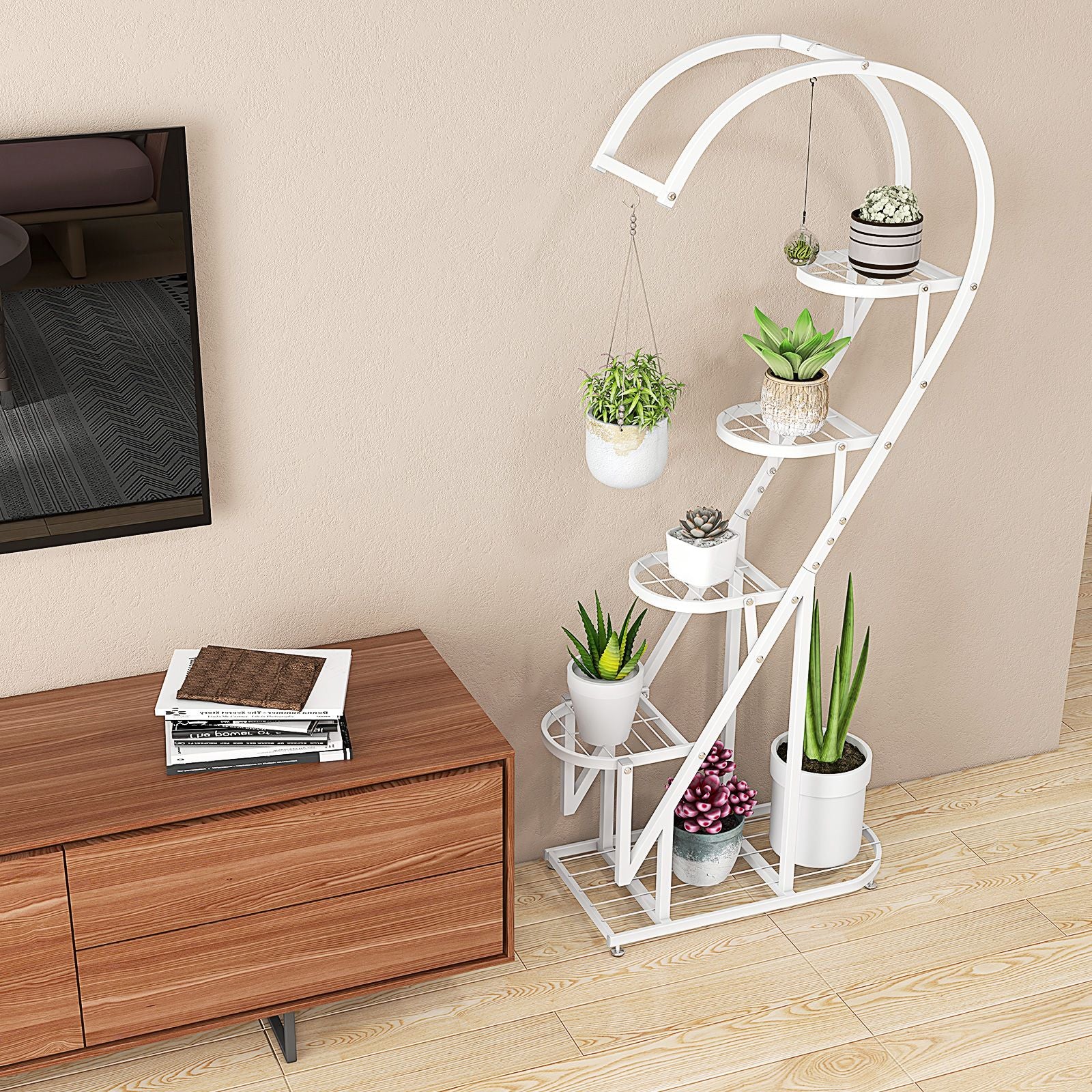 5-Tier Metal Heart-Shaped Plant Stand with Integrated Hanging Hooks