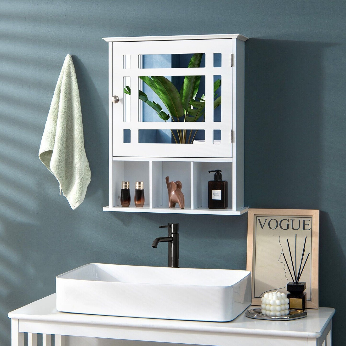 Mirror Door Bathroom Cabinet with Adjustable Shelf and 3 Compartments