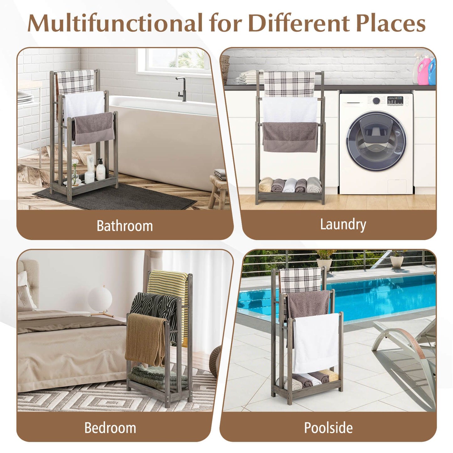 Freestanding Wood Towel Rack with 3 Individual Bars and Bottom Storage Shelf