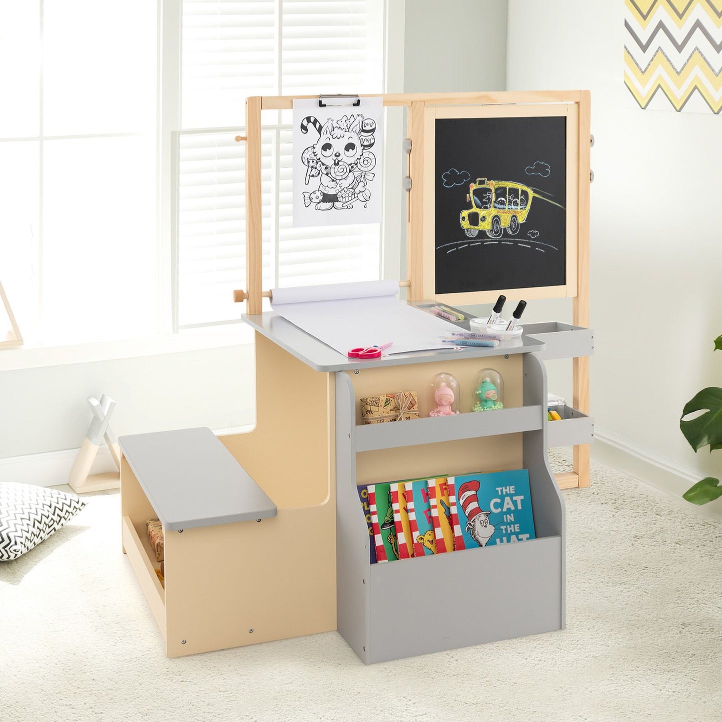 Delightful Children's Art Easel Table and Bench Set with Adjustable Easel and Integrated Bookshelf for Creative Play