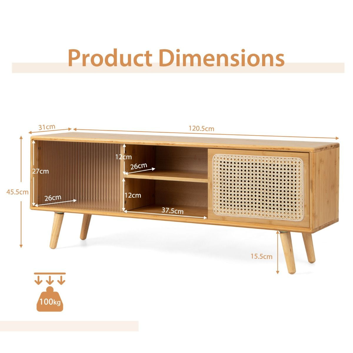Bamboo Entertainment Center Featuring Rattan Accents and Tempered Glass Sliding Doors