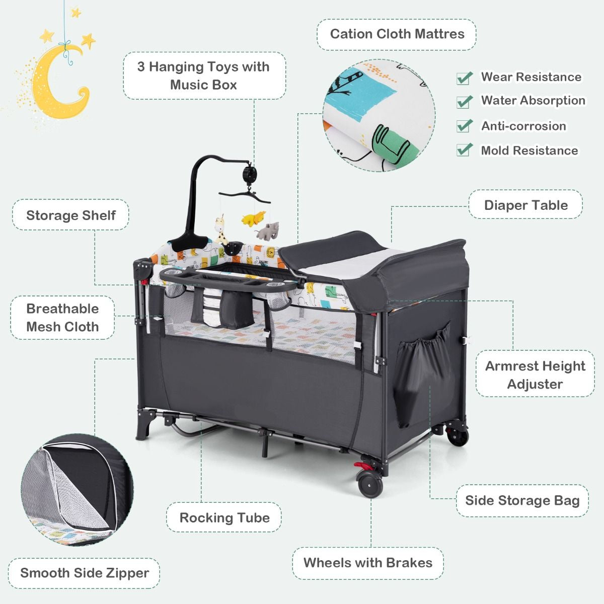 Versatile 5-in-1 Baby Bassinet & Bedside Sleeper with Nappy Changing Station and Fun Attached Toys