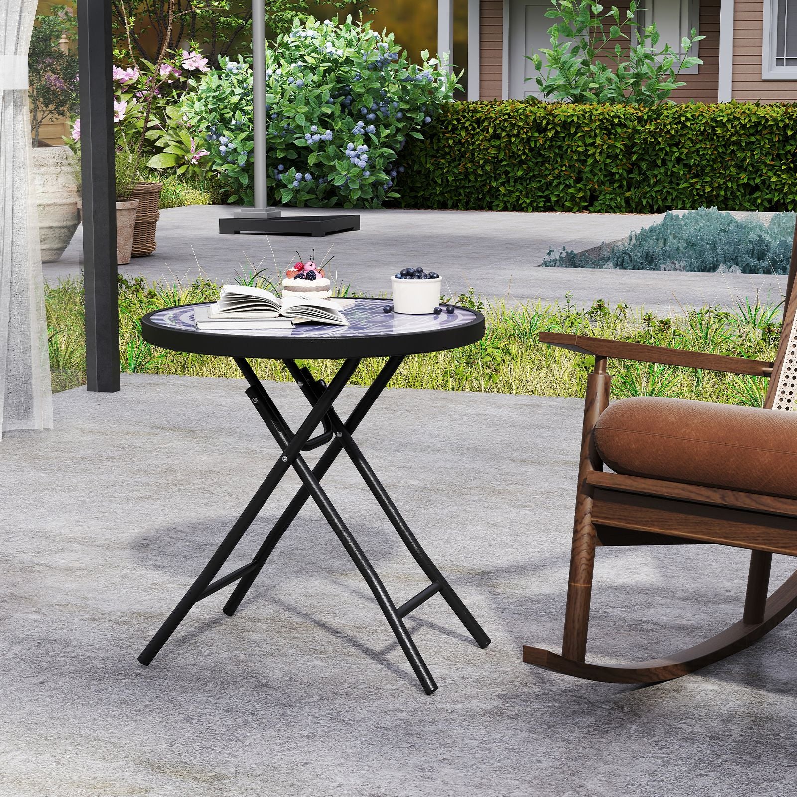 Round Folding Patio Coffee Table with Tempered Glass Top