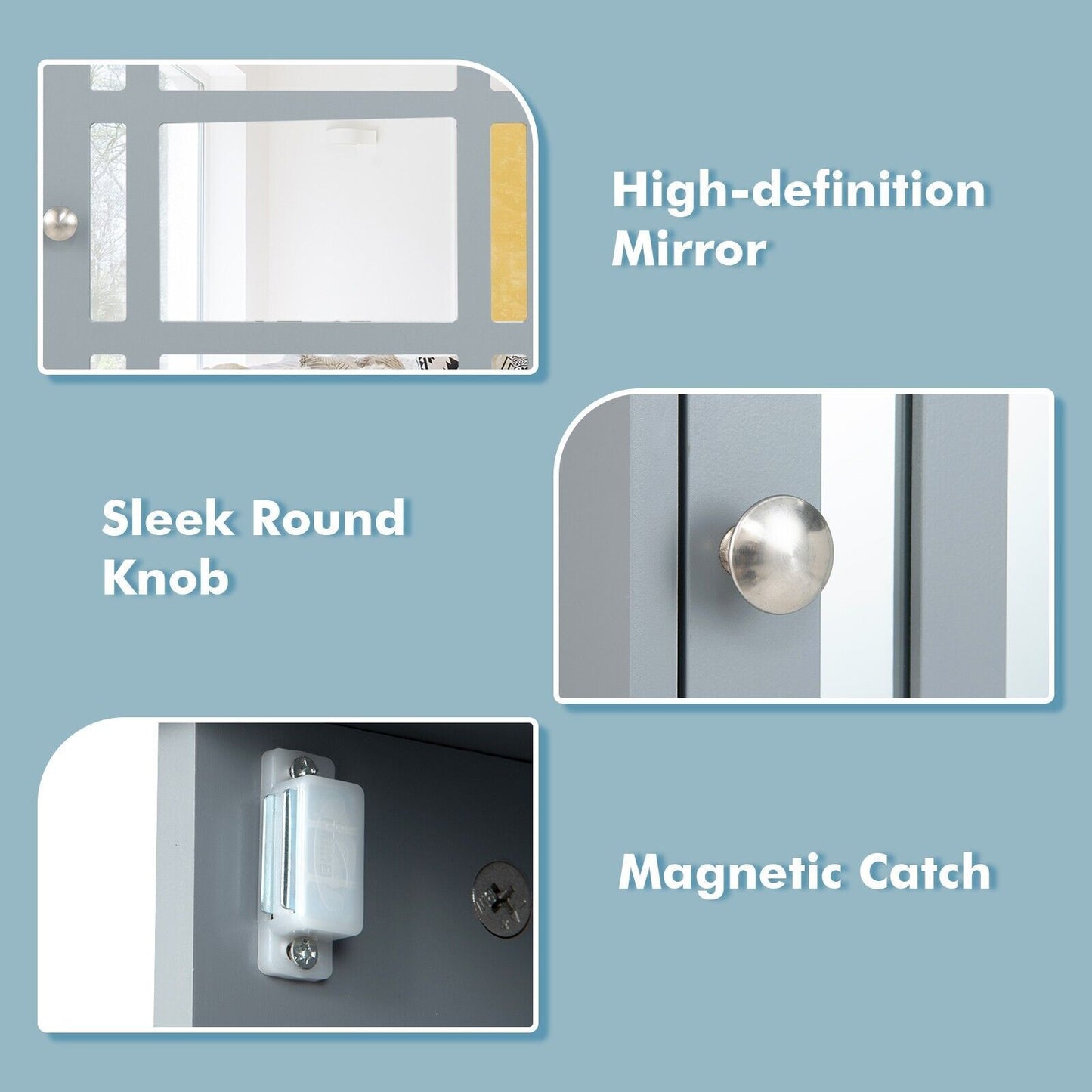 Mirror Door Bathroom Cabinet with Adjustable Shelf and 3 Compartments