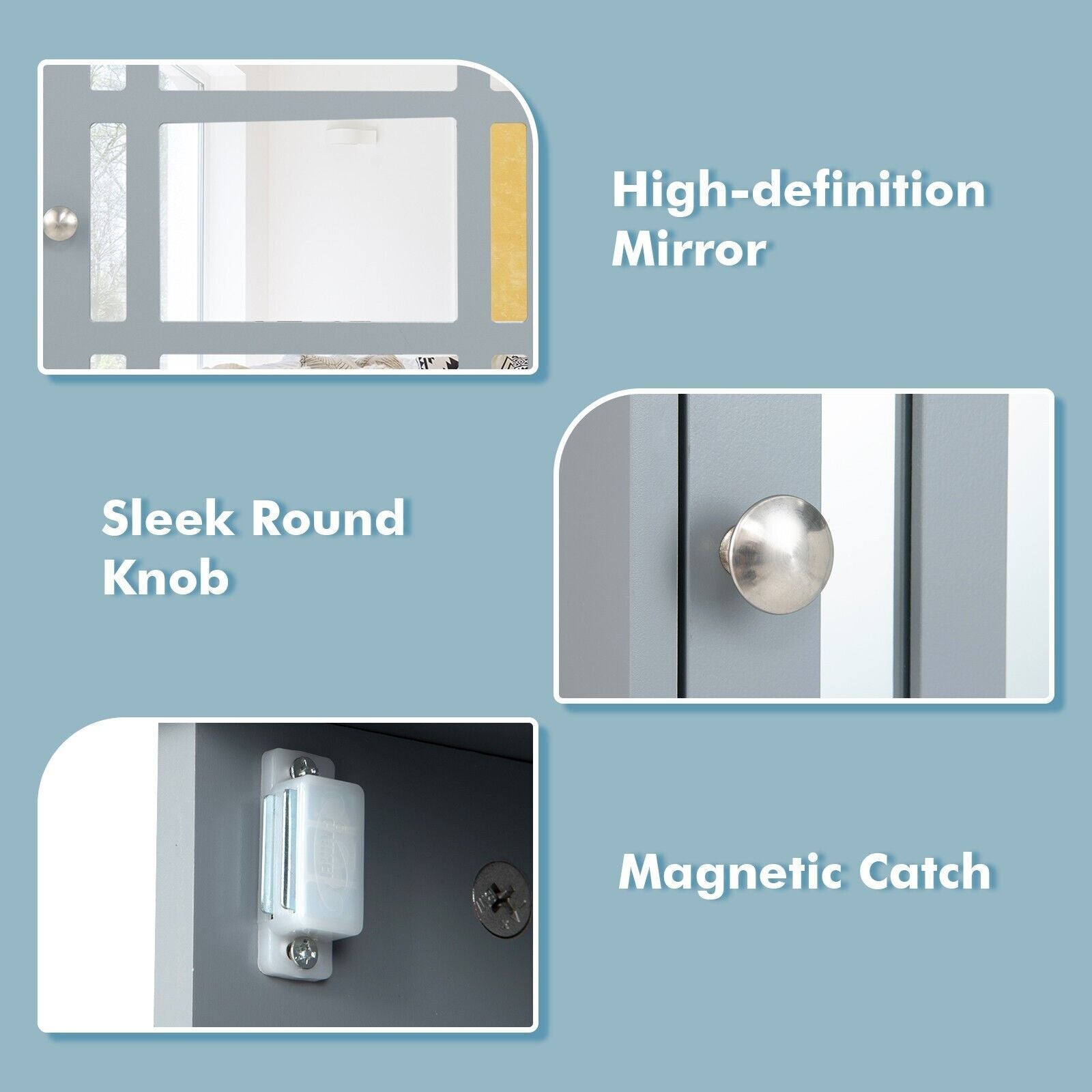 Mirror Door Bathroom Cabinet with Adjustable Shelf and 3 Compartments