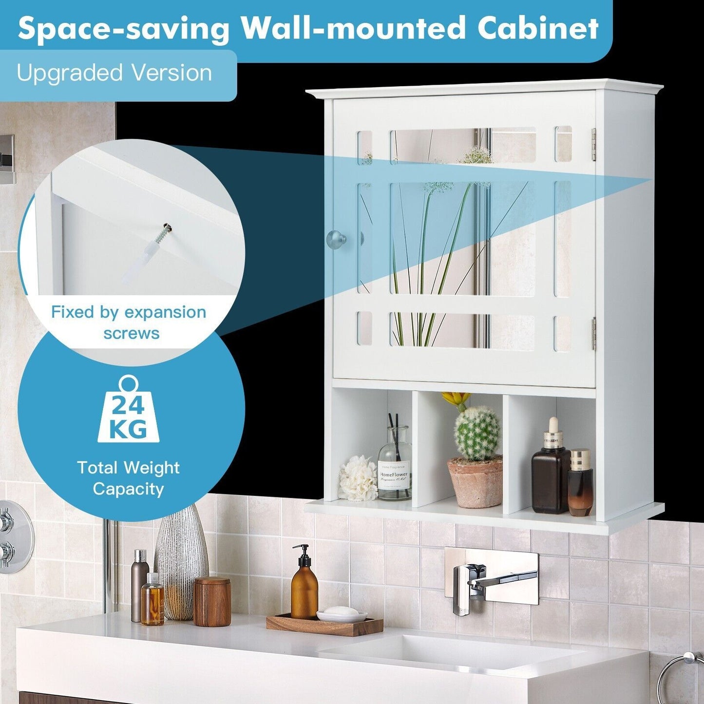 Mirror Door Bathroom Cabinet with Adjustable Shelf and 3 Compartments