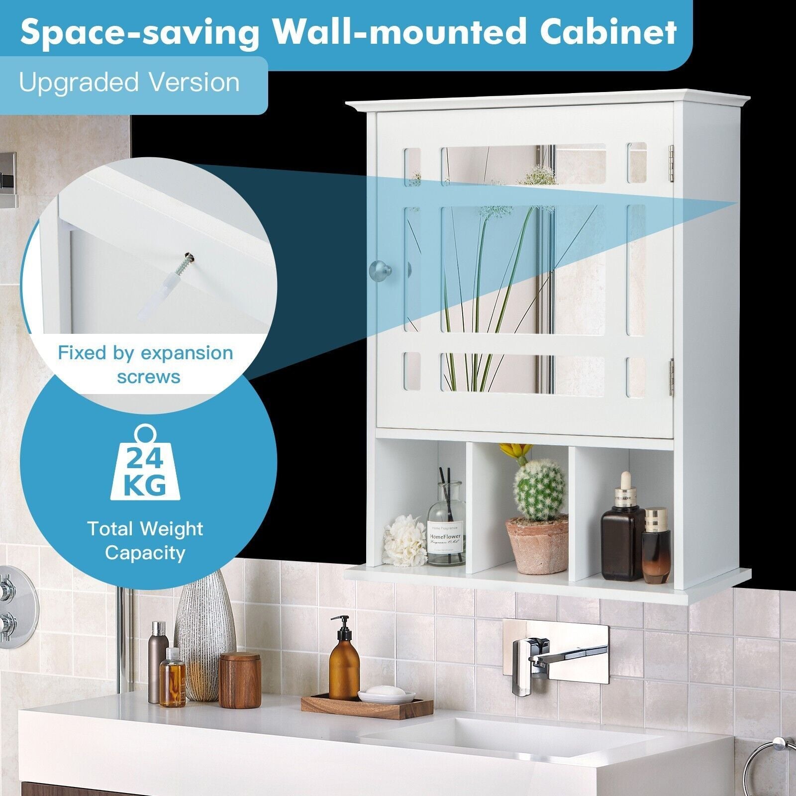 Mirror Door Bathroom Cabinet with Adjustable Shelf and 3 Compartments