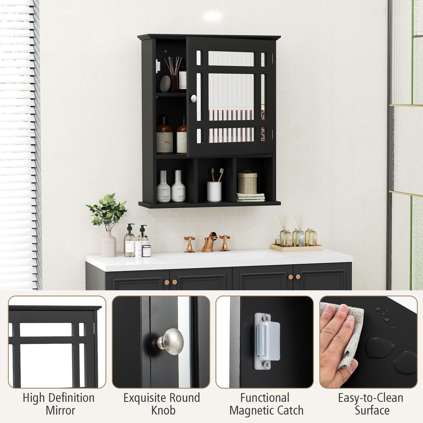 Mirror Door Bathroom Cabinet with Adjustable Shelf and 3 Compartments