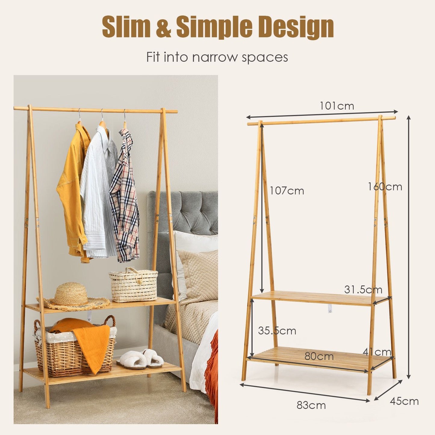 Bamboo Clothing Rack with Hanging Rod, Two Shelves, and Hooks