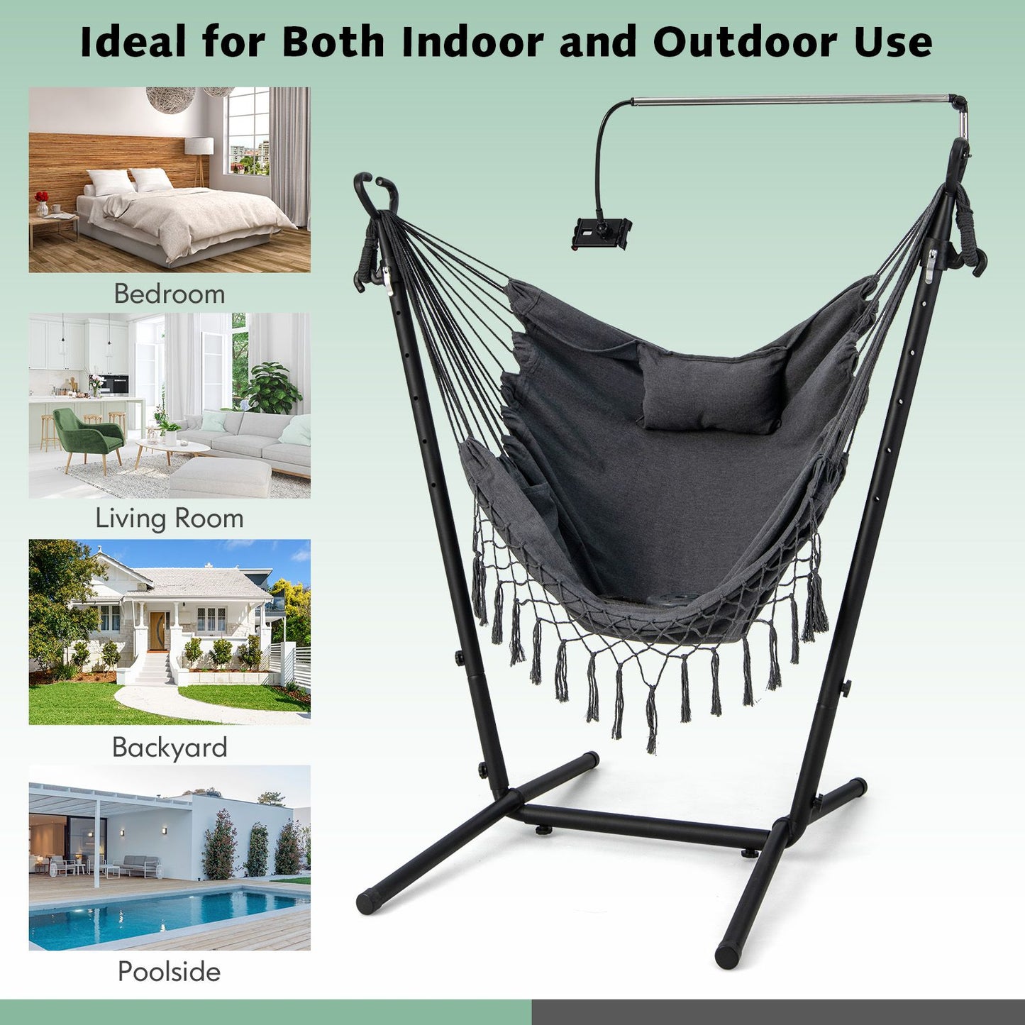 Hammock Chair with Stand and Integrated Phone Holder