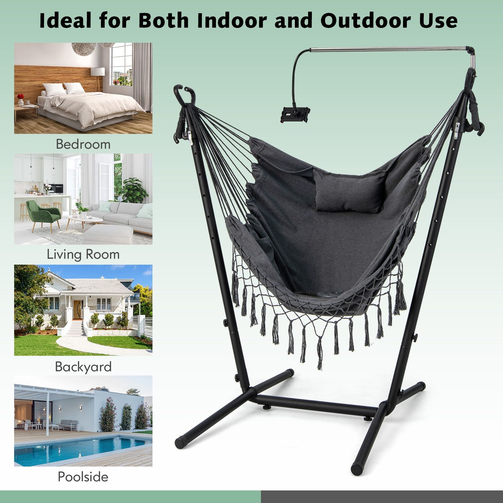 Hammock Chair with Stand and Integrated Phone Holder