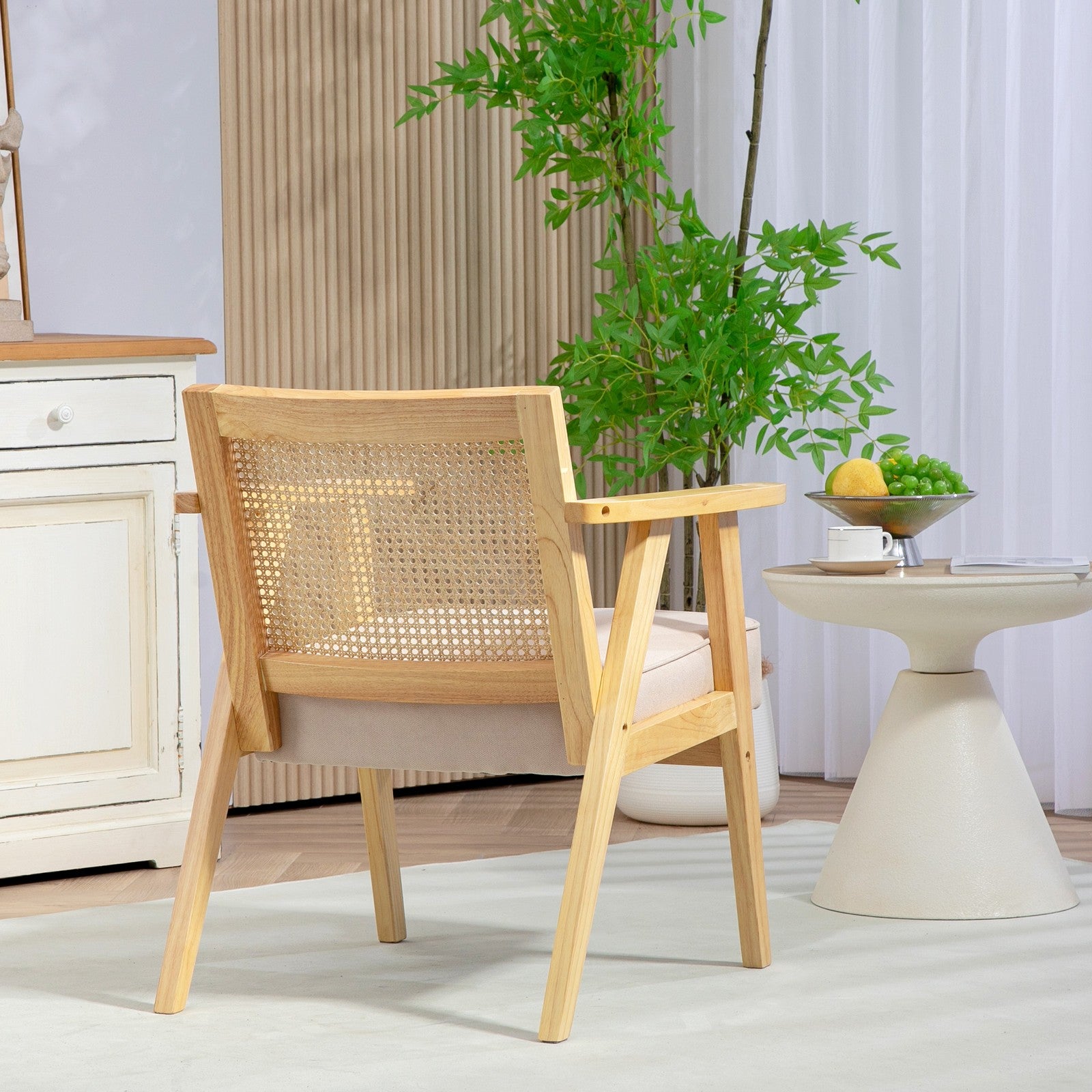 Stylish Rattan-Back Accent Chair with Comfortable Padded Cushion and Durable Rubber Wood Frame