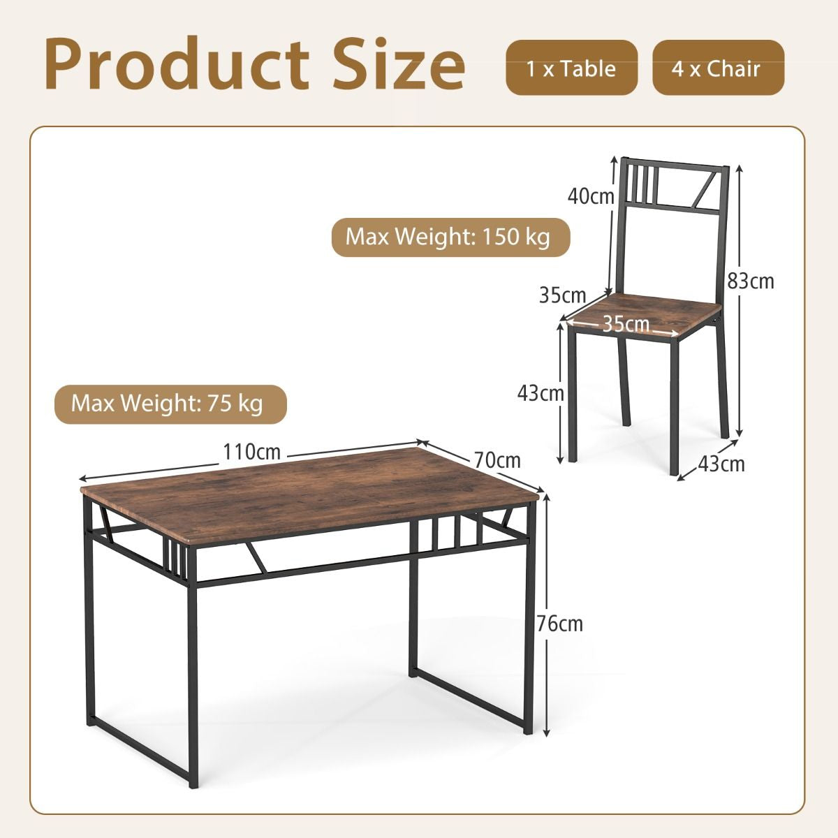 Industrial-Style Kitchen Table and 4 Chairs with Wood like Tabletop and Metal Frame