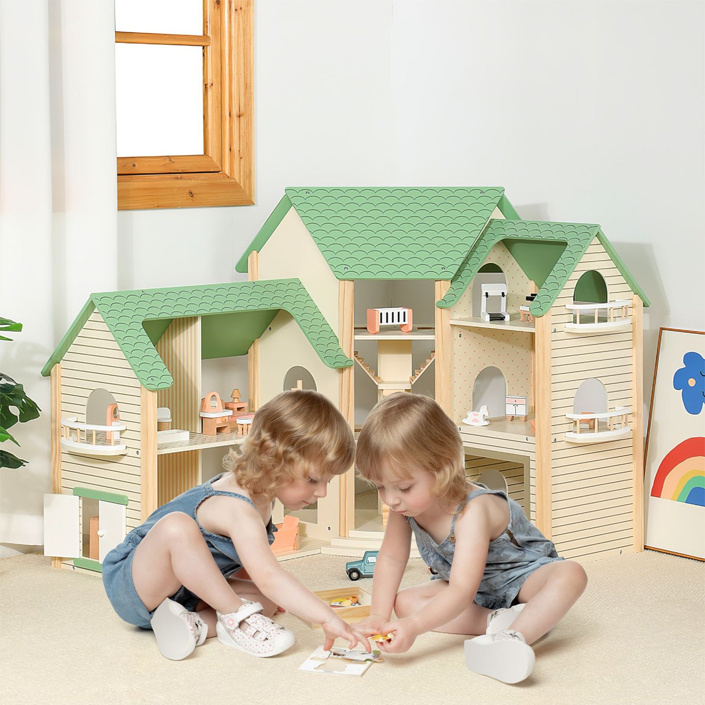 Deluxe Wooden Dollhouse with 36 Accessory Pieces for Children