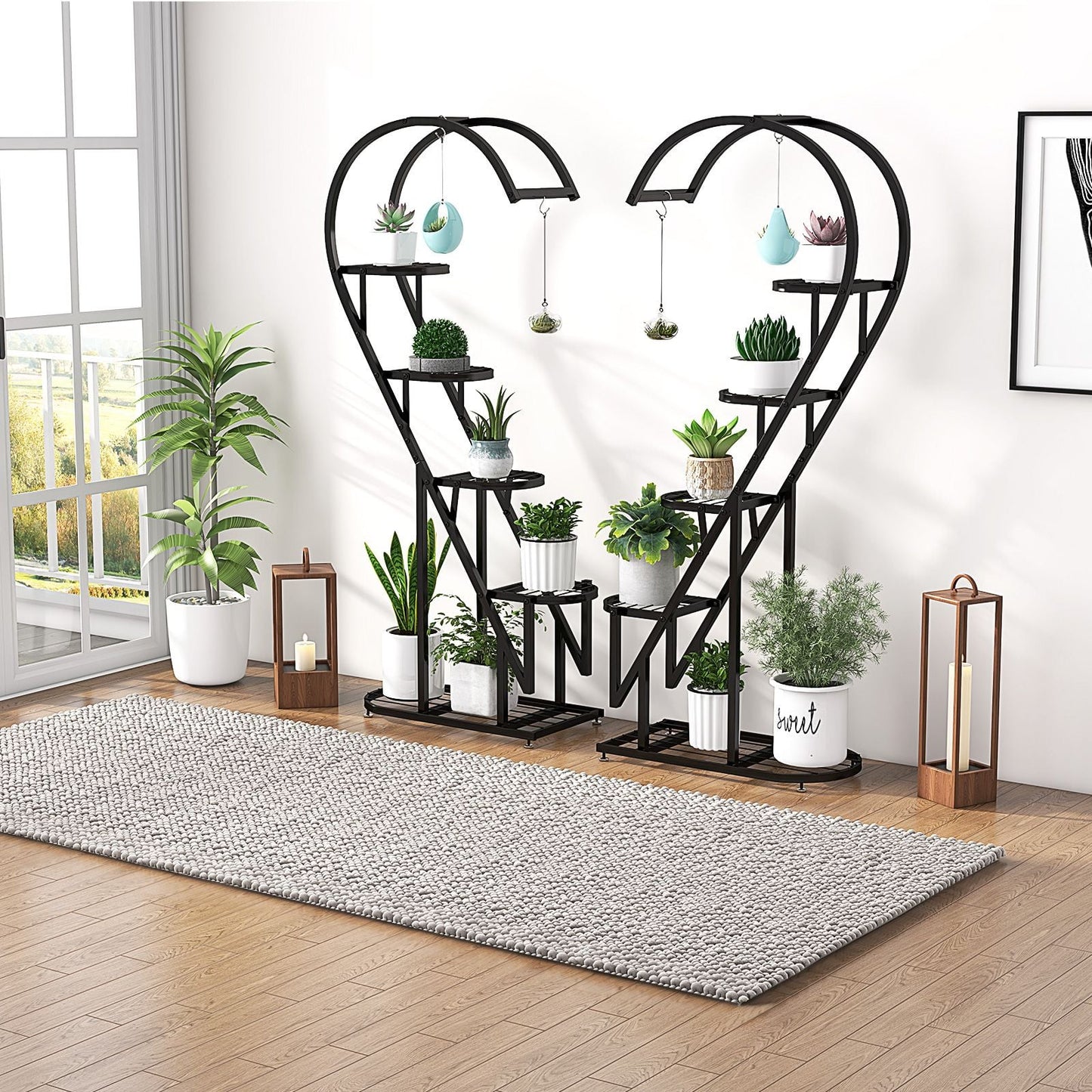 5-Tier Metal Heart-Shaped Plant Stand with Integrated Hanging Hooks