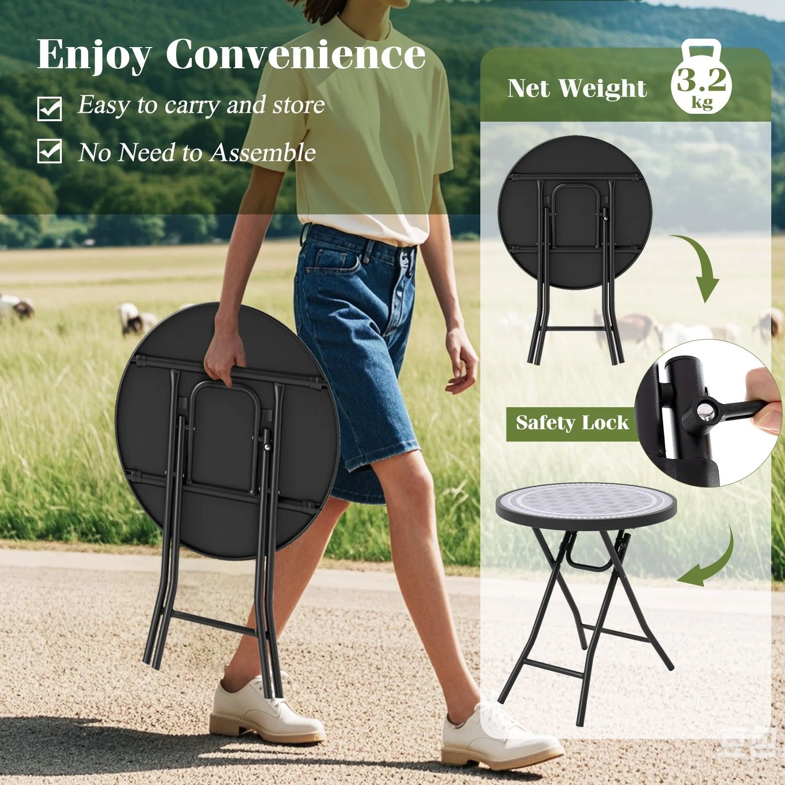 Round Folding Patio Coffee Table with Tempered Glass Top
