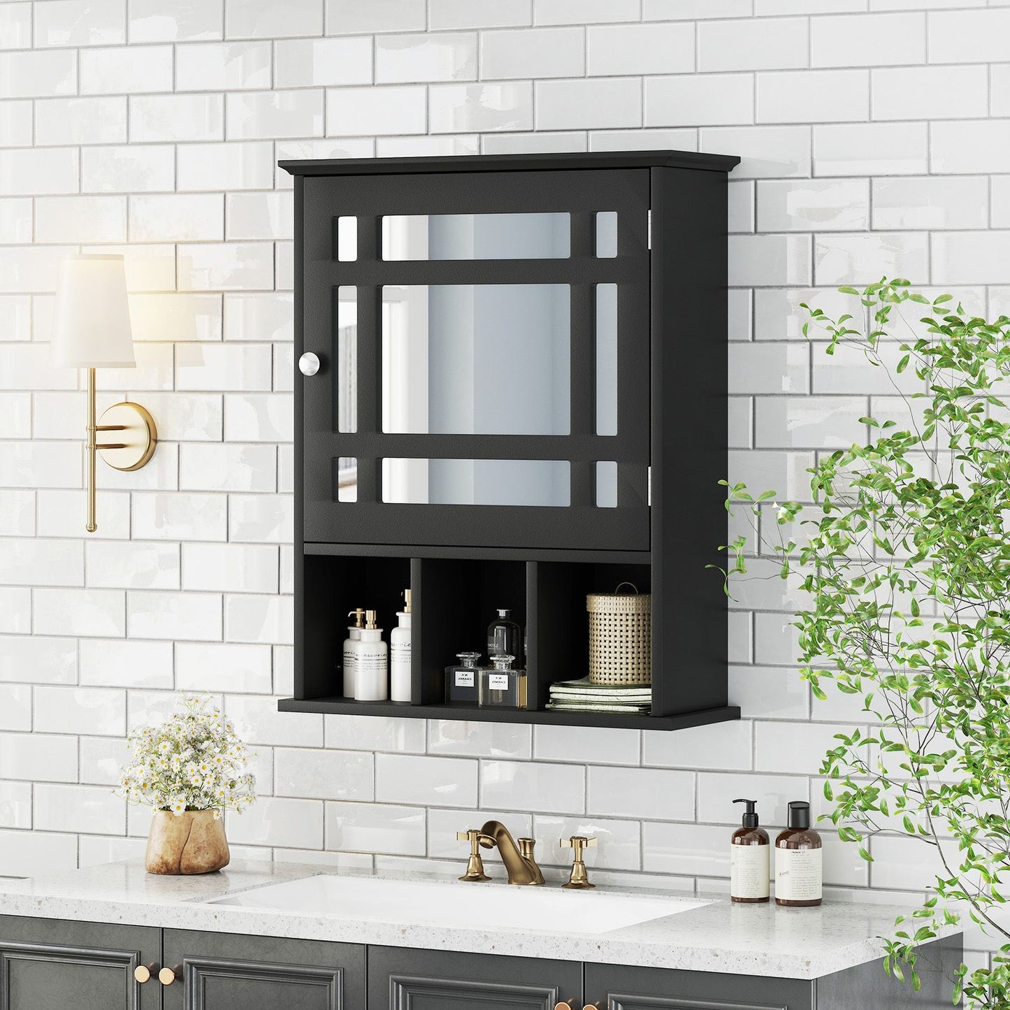 Mirror Door Bathroom Cabinet with Adjustable Shelf and 3 Compartments