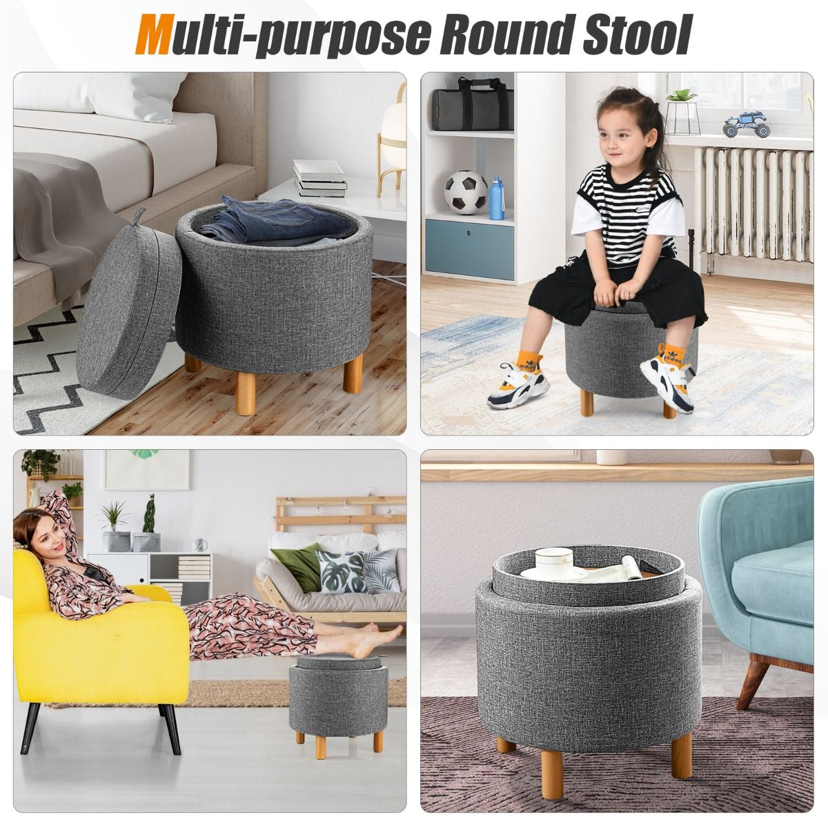 Contemporary Round Padded Ottoman with Concealed Storage Compartment