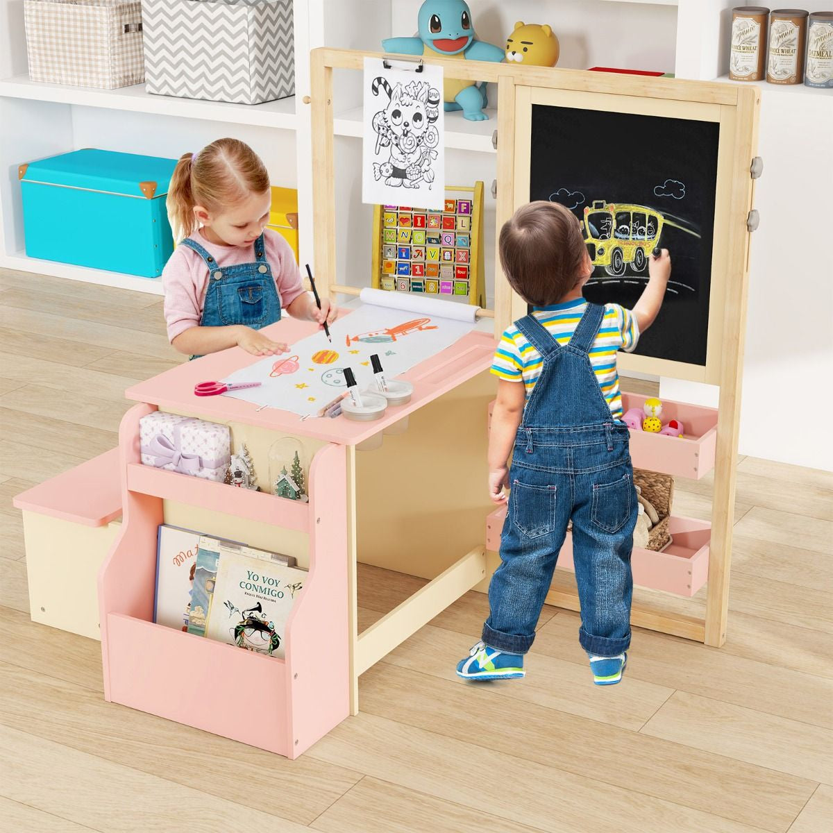 Delightful Children's Art Easel Table and Bench Set with Adjustable Easel and Integrated Bookshelf for Creative Play