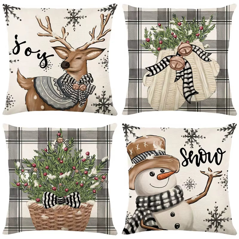 Linen Christmas Pillow Cover - Festive Snowman & Elk Design for 2024 Holiday Home Decor - Perfect Sofa & Car Cushion Cover (45x45cm)