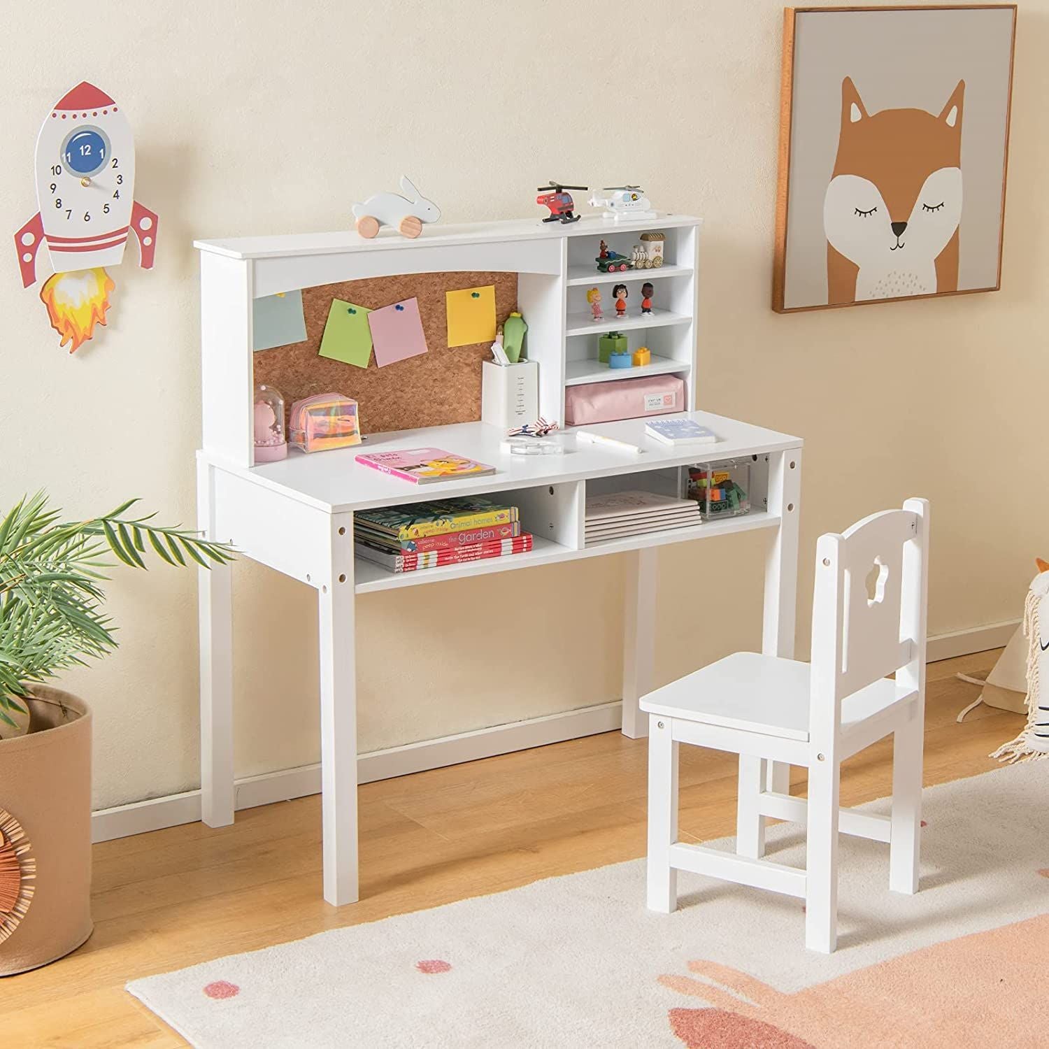 Kids Wooden Desk and Chair Set with Hutch for Study and Reading