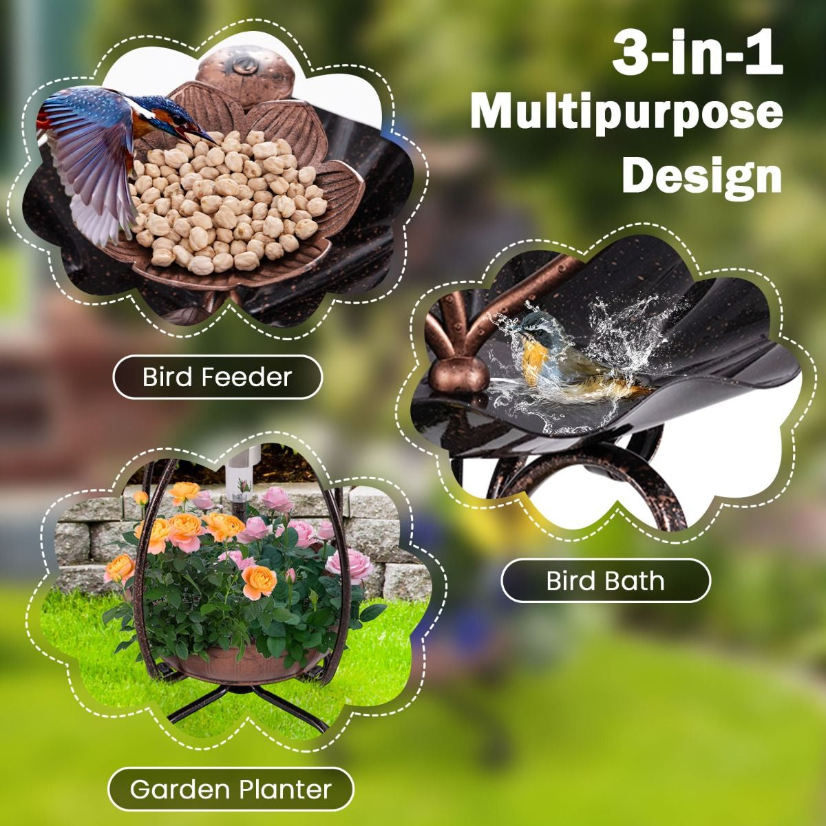 79 cm Solar-Powered Outdoor Bird Bath with Floral Planter Base and Integrated LED Lighting